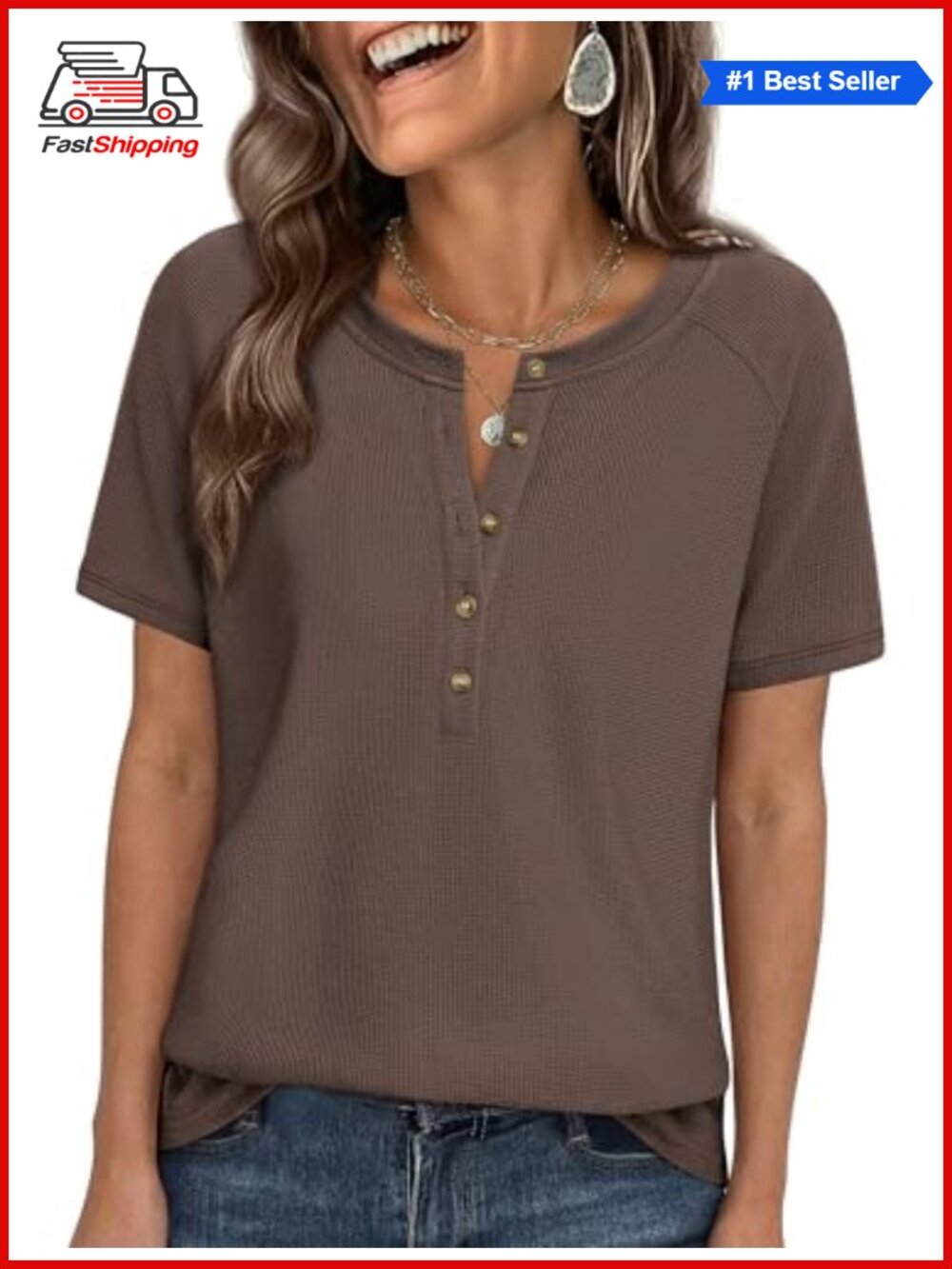✨Women's Waffle Knit Henley Short Sleeve T-Shirt Casual Top